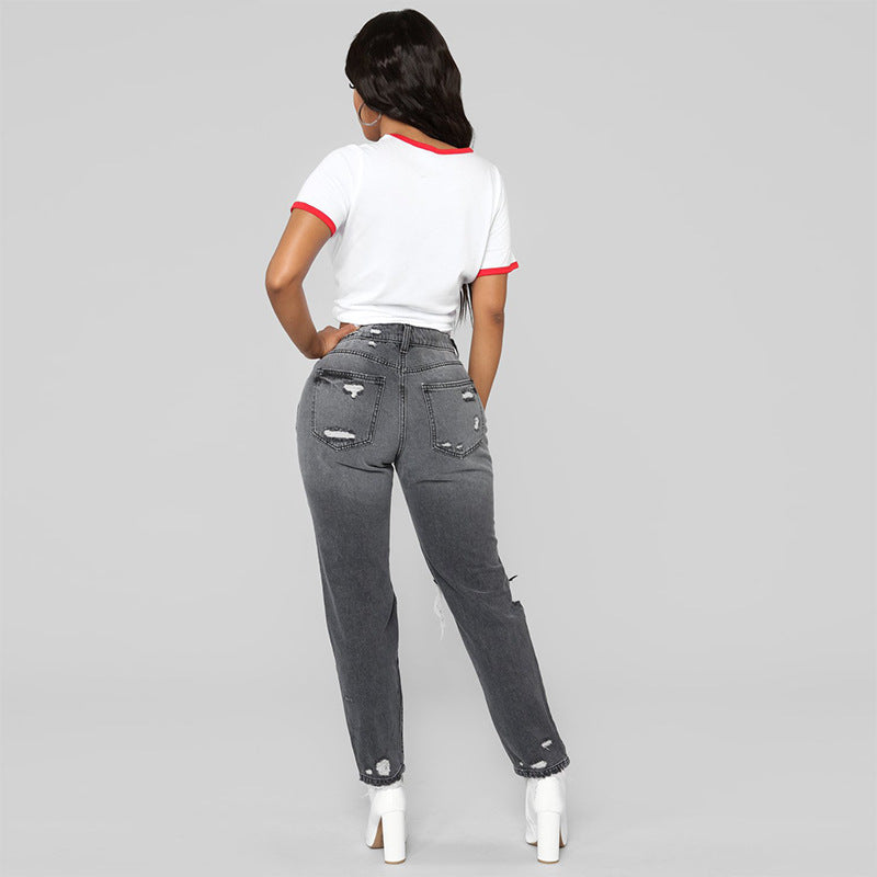 Ripped big hole fashion Jeans Women High Waist skinny pencil Denim Pants Elastic Stretch sexy slim fit gray Jeans women S-2XL