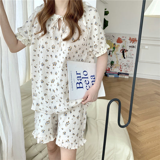 Women Sweet Lace Floral Short Sleeve Pajamas