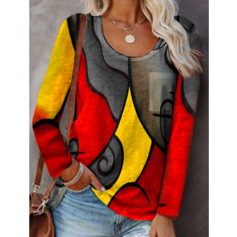 Women's Casual Long-sleeved T-shirt Plus Size Color Matching Blouse Women