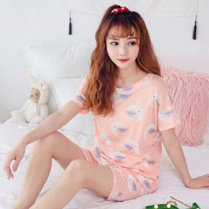 Women Pajamas Set Thin Short Sleeve Cute Sleepwear Homewear