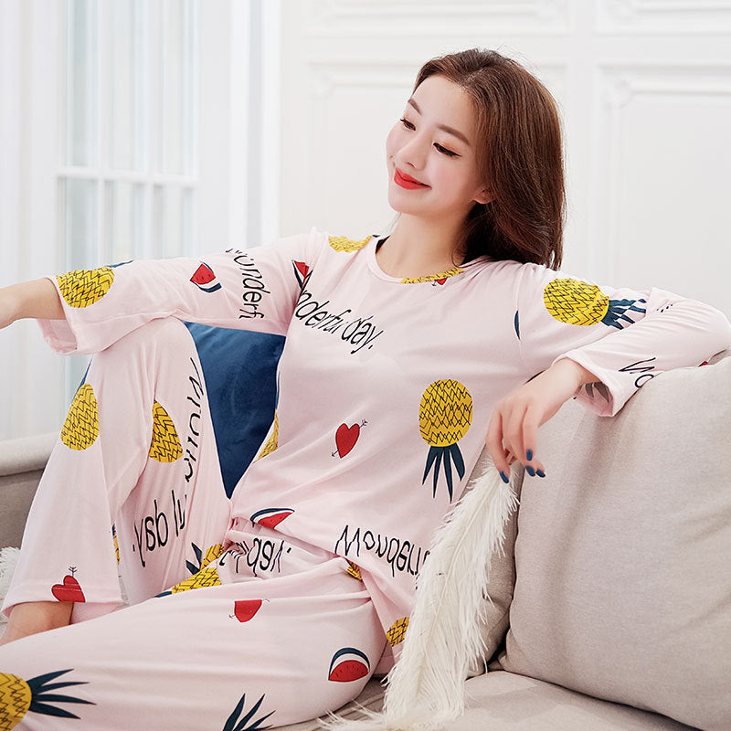 Round neck milk silk women long sleeve pajamas