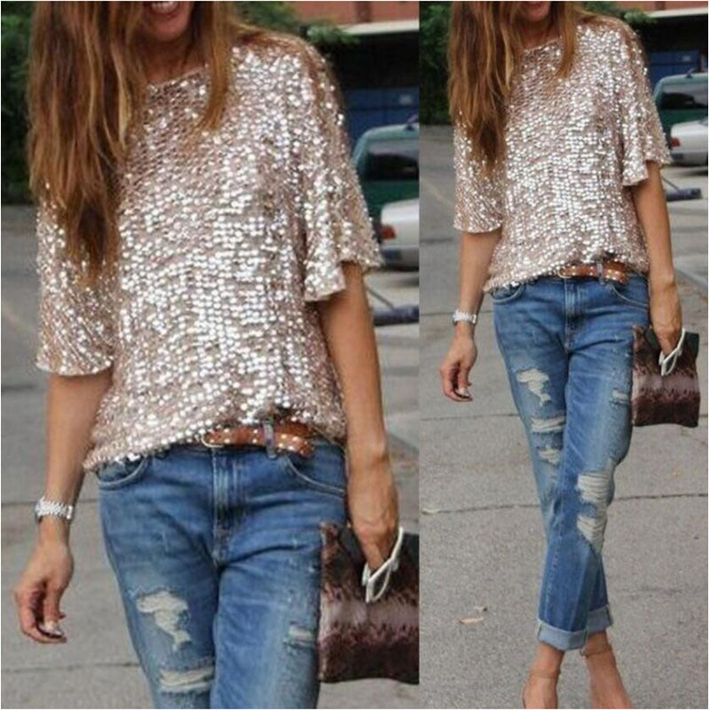 New 2022/2023 Fashion Women Sexy Loose Off Shoulder Sequin Glitter Blouses Summer Casual Shirts Vintage Streetwear Party Tops