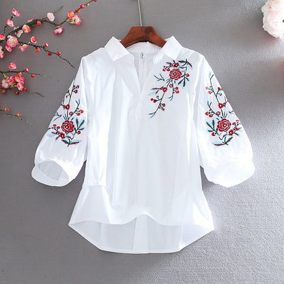 Summer New Ladies Blouse Retro Literature And Art Embroidery Lapel Lantern Sleeve Shirt Women