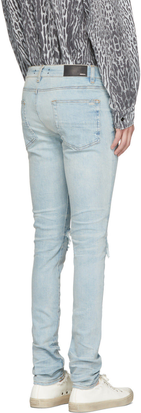 Trendy Brand Jeans Light Blue Ripped Patch Slim Fit Calf Pants Men