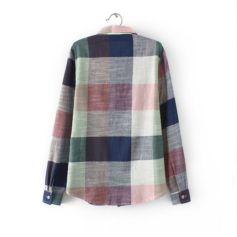 asual Plaid Women Blouses Kimono Vintage Linen Cotton Long Sleeve Blouse Female Shirts Tops