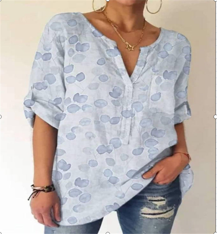 Summer Women's Blouse Loose Printing V-Neck Long-Sleeved Shirt Women