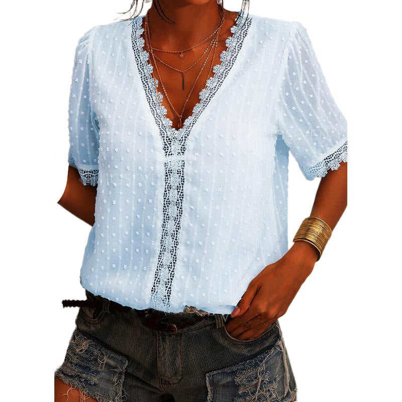 Chiffon Shirt European And American Women Embroidered Lace Short-Sleeved Blouse Women