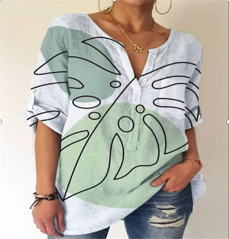 Summer Women's Blouse Loose Printing V-Neck Long-Sleeved Shirt Women