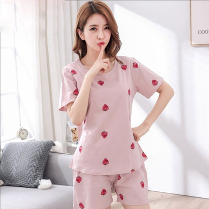 Women Pajamas Set Thin Short Sleeve Cute Sleepwear Homewear