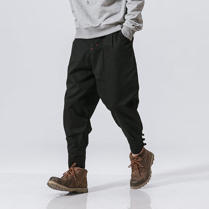 Cotton Linen Harem Pants Men Jogger Pants Male Fashion Autumn Casual Trousers Chinese Button Cross Pants Trousers