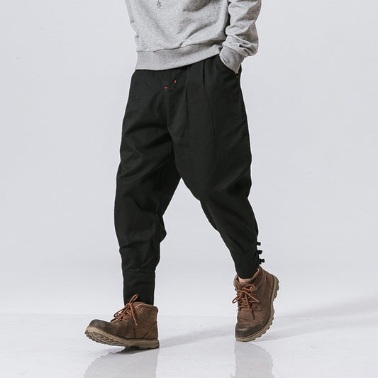 Cotton Linen Harem Pants Men Jogger Pants Male Fashion Autumn Casual Trousers Chinese Button Cross Pants Trousers