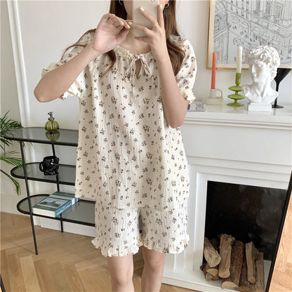 Women Sweet Lace Floral Short Sleeve Pajamas