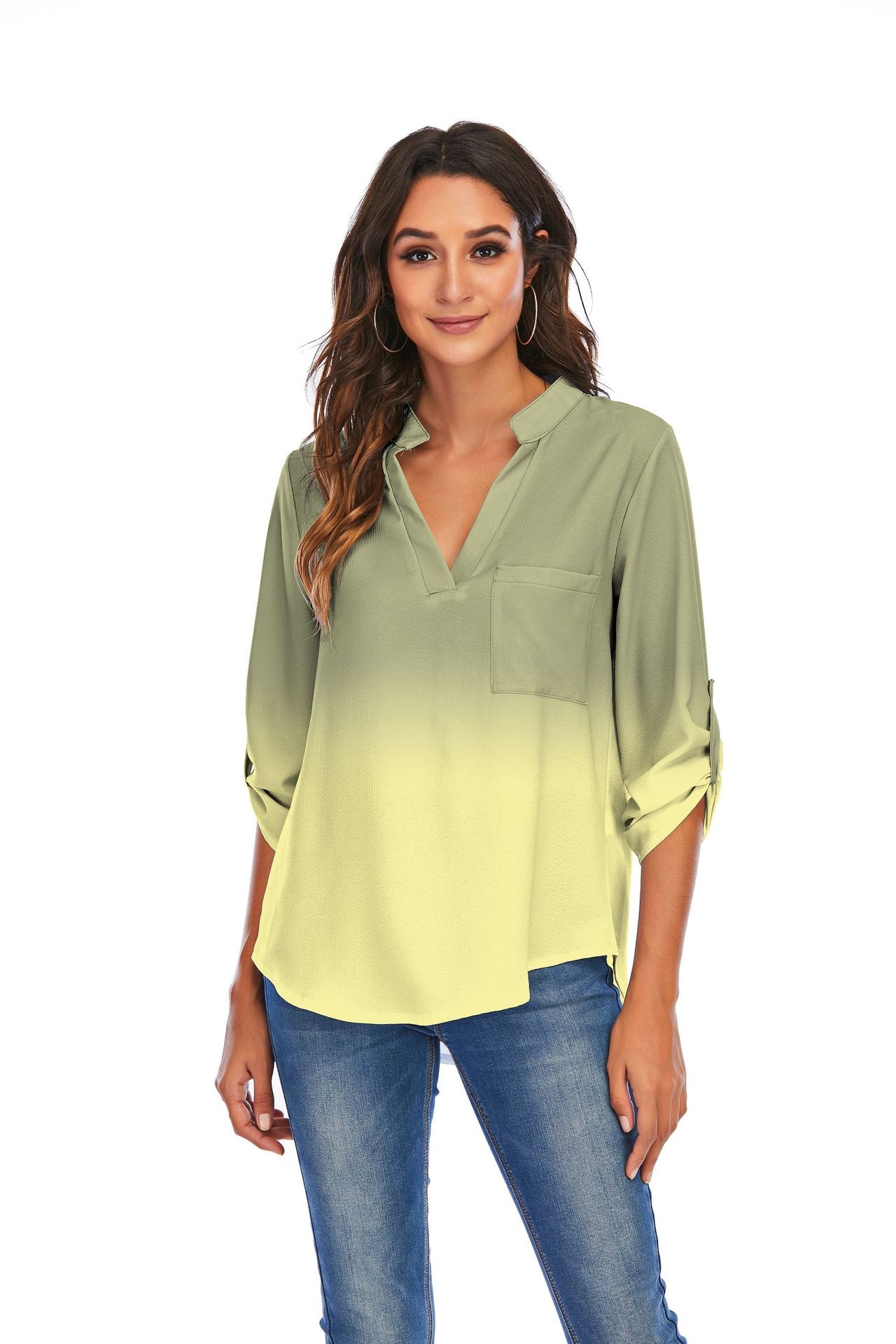 Print Gradient Blouses Women V-Neck Pockets Loose Shirts