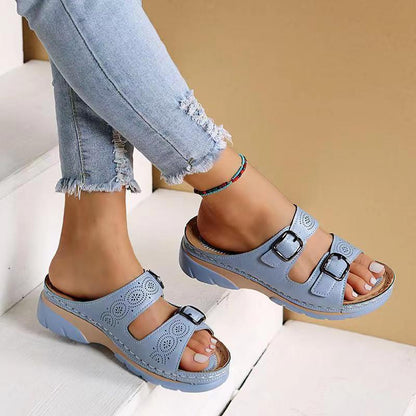 Double Buckle Slippers Women Flat Sandals Summer