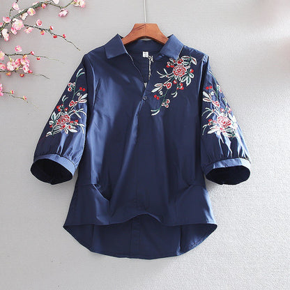 Summer New Ladies Blouse Retro Literature And Art Embroidery Lapel Lantern Sleeve Shirt Women