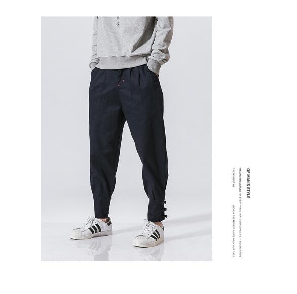 Cotton Linen Harem Pants Men Jogger Pants Male Fashion Autumn Casual Trousers Chinese Button Cross Pants Trousers