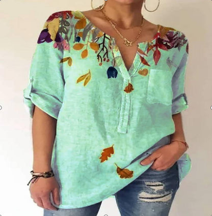 Summer Women's Blouse Loose Printing V-Neck Long-Sleeved Shirt Women