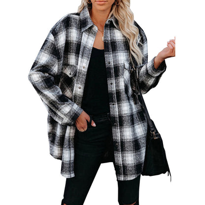 Plaid Shirt Women Spring Mid-length Loose Blouse Turndown Collar Shirt Clothing