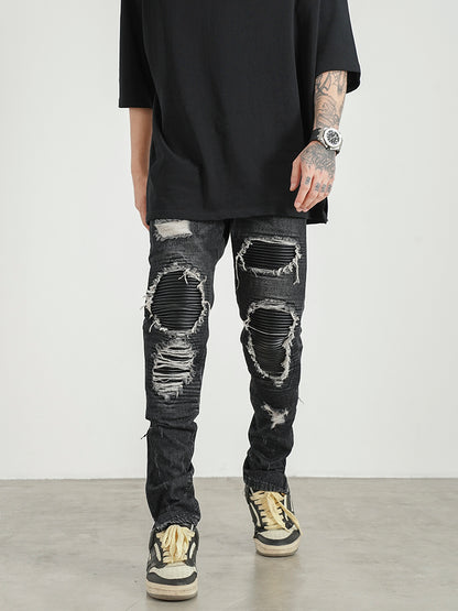 Men Ripped Patch PU And Leather Zipper Jeans