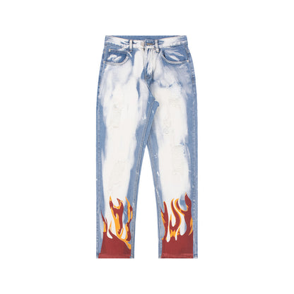 Flame Print Ripped Hole Washed White Jeans Men