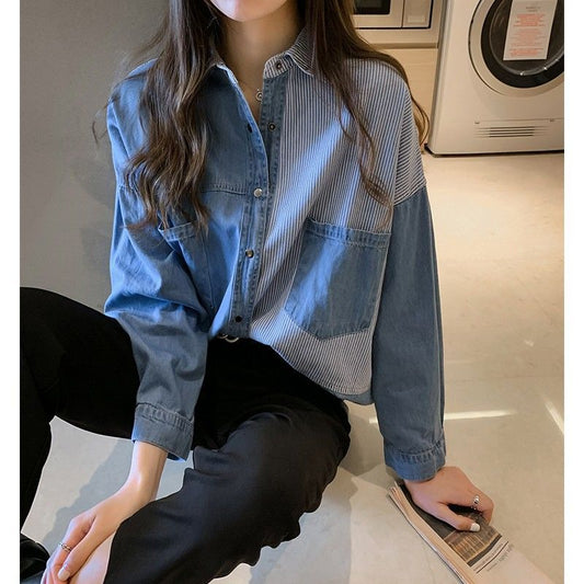 Denim Shirt Women Loose Long-Sleeved Blouse Mid-Length Striped Shirt