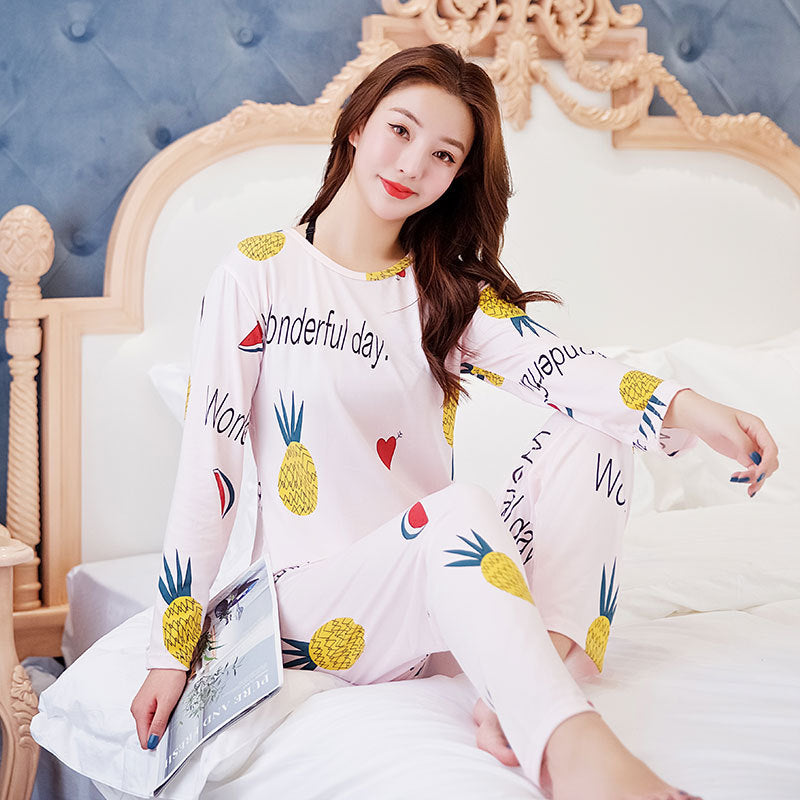 Round neck milk silk women long sleeve pajamas