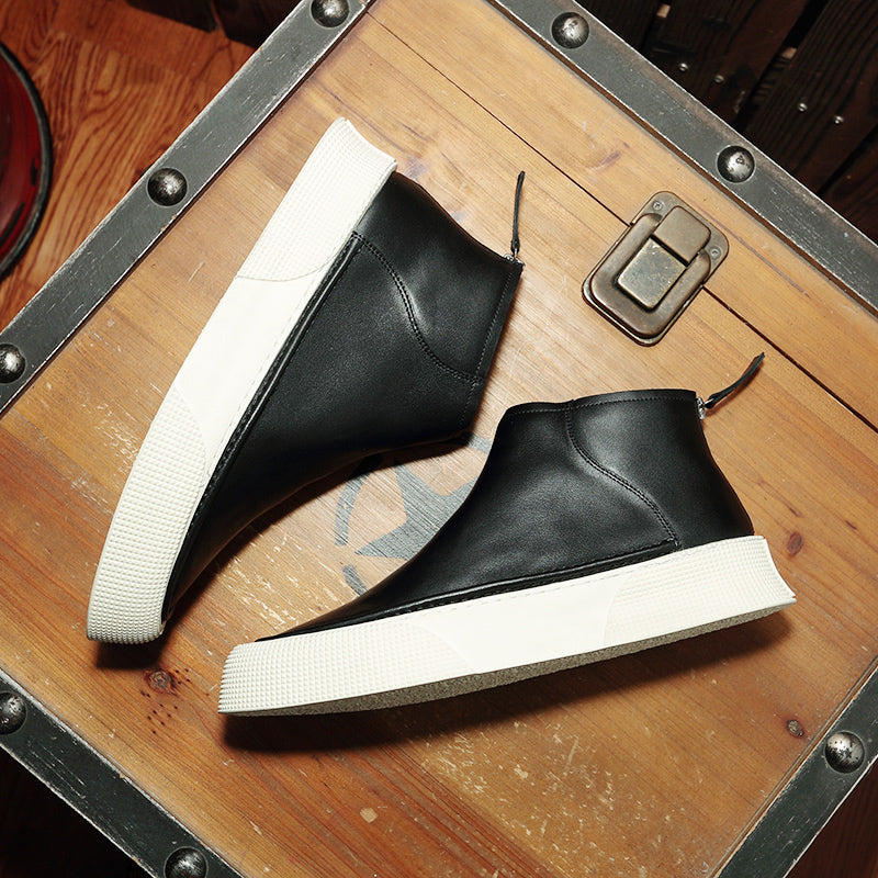 Men Leather High Top Sneakers Simple Zipper