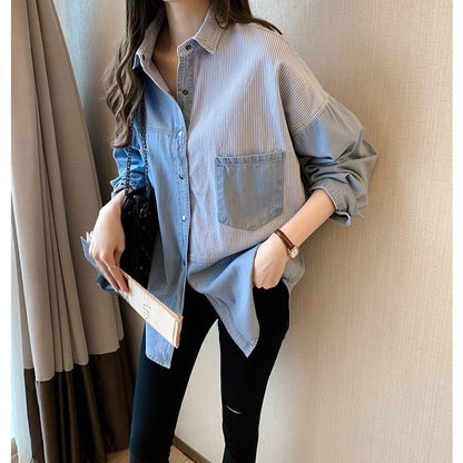 Denim Shirt Women Loose Long-Sleeved Blouse Mid-Length Striped Shirt