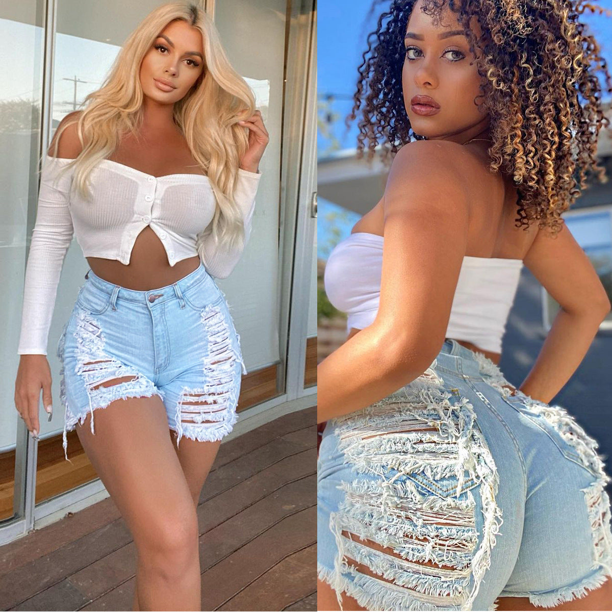 Women Fashion Ripped Denim Shorts Women's Light Blue Ripped Denim Shorts