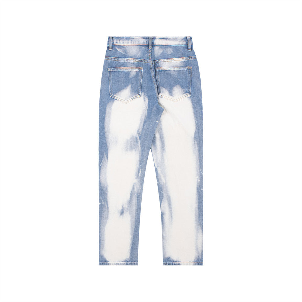 Flame Print Ripped Hole Washed White Jeans Men