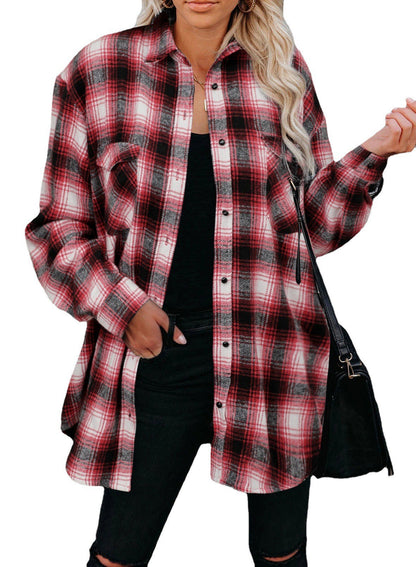 Plaid Shirt Women Spring Mid-length Loose Blouse Turndown Collar Shirt Clothing