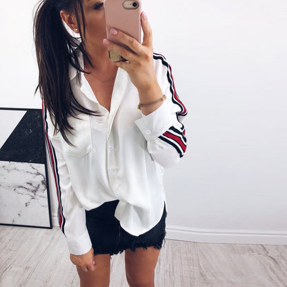 Blouse Women Casual White Stripe Long Sleeve Botton Shirt