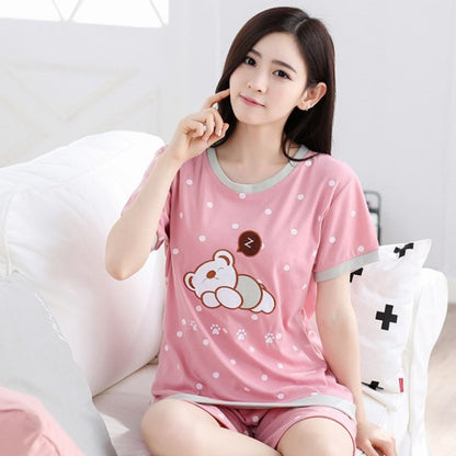 Women Pajamas Set Thin Short Sleeve Cute Sleepwear Homewear