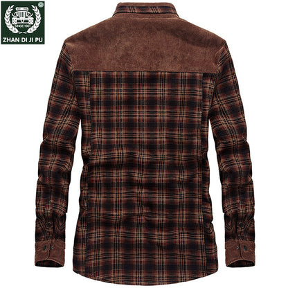 Heavy Fleece Thickened Blouse Men's Long-Sleeved Plaid Loose plus Size Shirt Stitching Winter Daddy Clothes Thermal Shirt