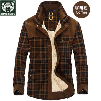 Heavy Fleece Thickened Blouse Men's Long-Sleeved Plaid Loose plus Size Shirt Stitching Winter Daddy Clothes Thermal Shirt