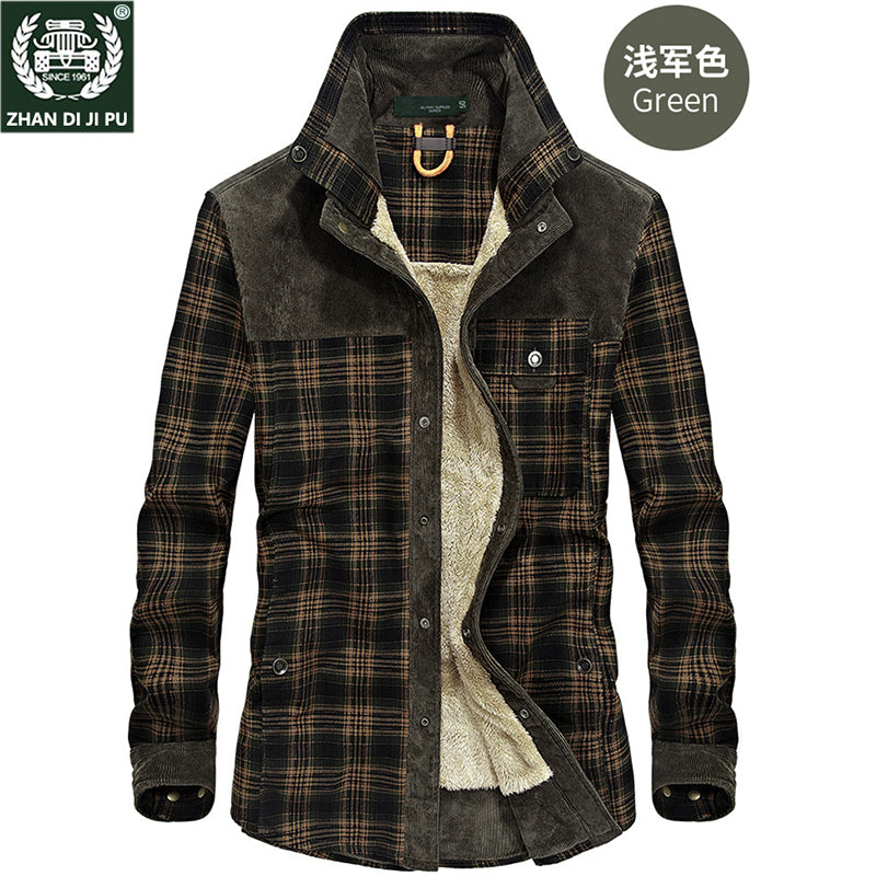 Heavy Fleece Thickened Blouse Men's Long-Sleeved Plaid Loose plus Size Shirt Stitching Winter Daddy Clothes Thermal Shirt