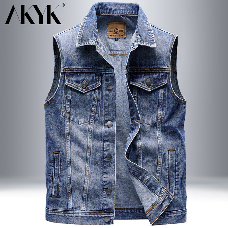 Akyk Spring and Autumn Denim Vest Man Vest Lapel Loose Oversized Waistcoat Casual Multi-Pocket Workwear Vest for Men