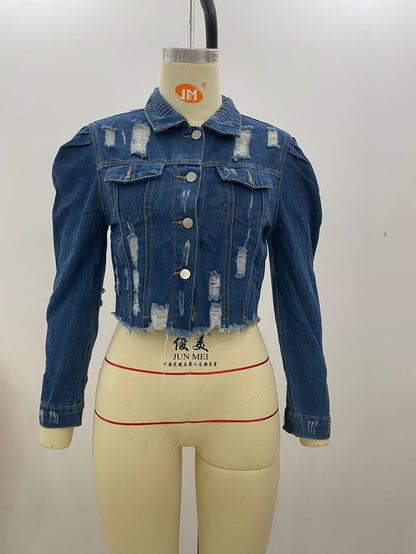 European and American-Style Slim-Fit Puff-Sleeve Denim Jacket