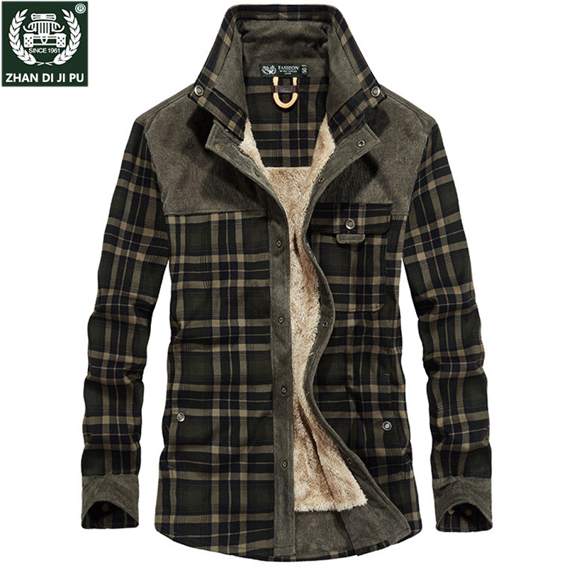 Heavy Fleece Thickened Blouse Men's Long-Sleeved Plaid Loose plus Size Shirt Stitching Winter Daddy Clothes Thermal Shirt