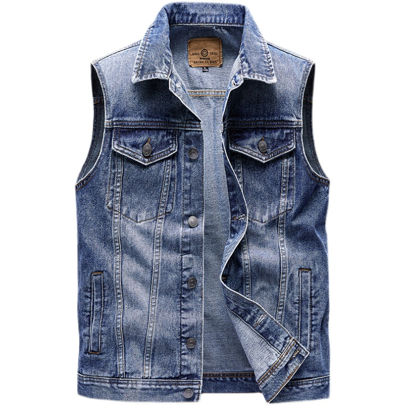 Akyk Spring and Autumn Denim Vest Man Vest Lapel Loose Oversized Waistcoat Casual Multi-Pocket Workwear Vest for Men