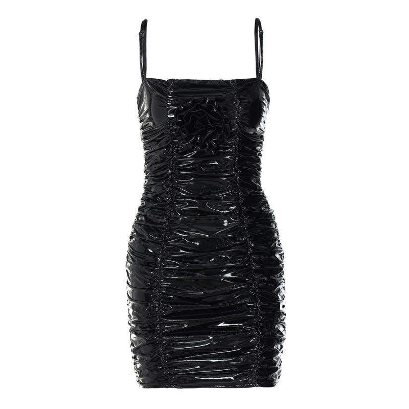 Pleated Ins PU Leather Slim Looking Strap Dress