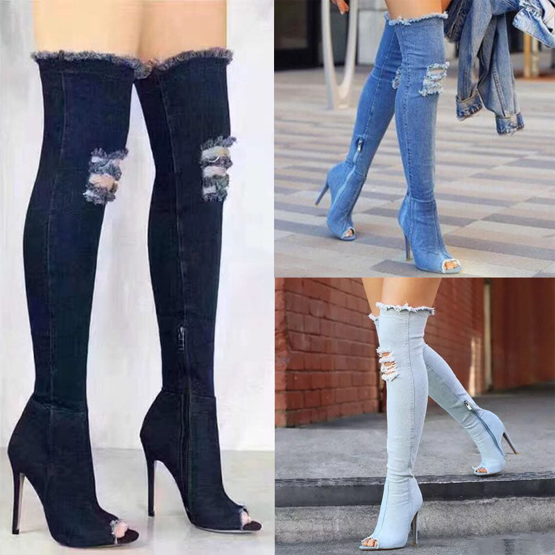 2023 European and American-Style Elastic Ripped Denim over-the-Knee Stiletto High-Heeled Fish Mouth Slim Leg Fashion Sandal Boots Women's Boots