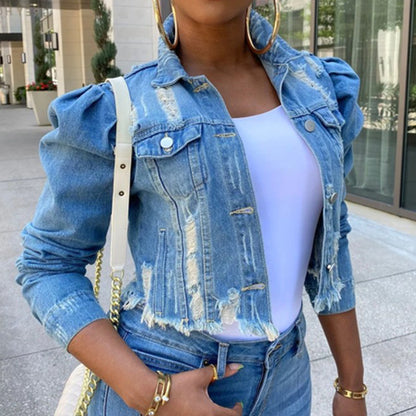 European and American-Style Slim-Fit Puff-Sleeve Denim Jacket