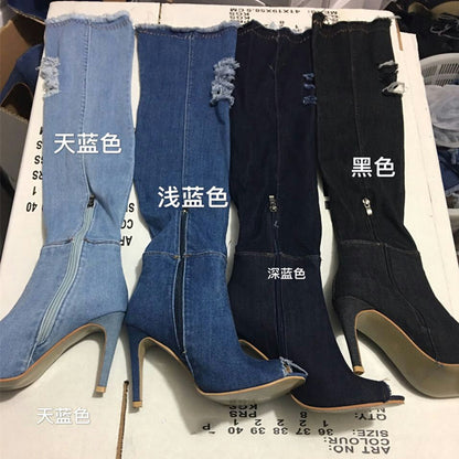 2023 European and American-Style Elastic Ripped Denim over-the-Knee Stiletto High-Heeled Fish Mouth Slim Leg Fashion Sandal Boots Women's Boots