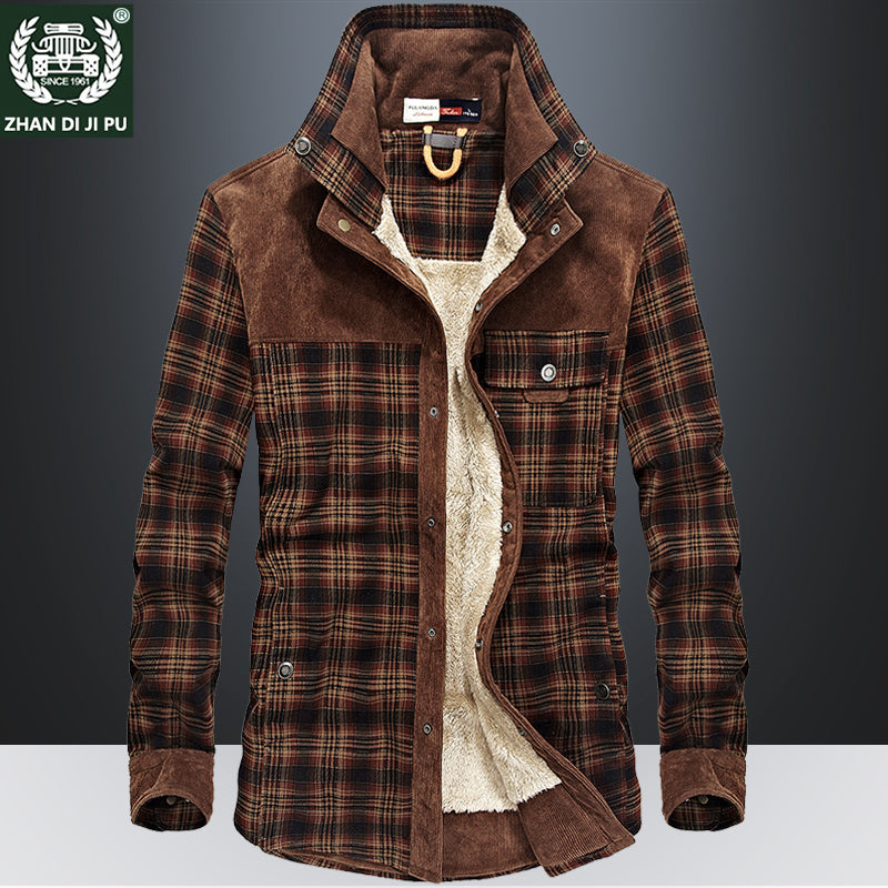 Heavy Fleece Thickened Blouse Men's Long-Sleeved Plaid Loose plus Size Shirt Stitching Winter Daddy Clothes Thermal Shirt