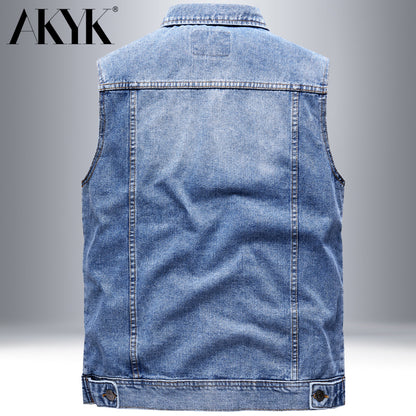 Akyk Spring and Autumn Denim Vest Man Vest Lapel Loose Oversized Waistcoat Casual Multi-Pocket Workwear Vest for Men