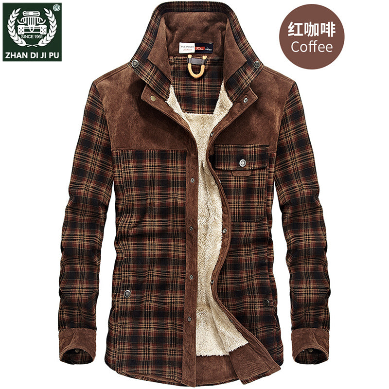 Heavy Fleece Thickened Blouse Men's Long-Sleeved Plaid Loose plus Size Shirt Stitching Winter Daddy Clothes Thermal Shirt