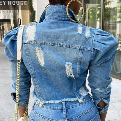 European and American-Style Slim-Fit Puff-Sleeve Denim Jacket