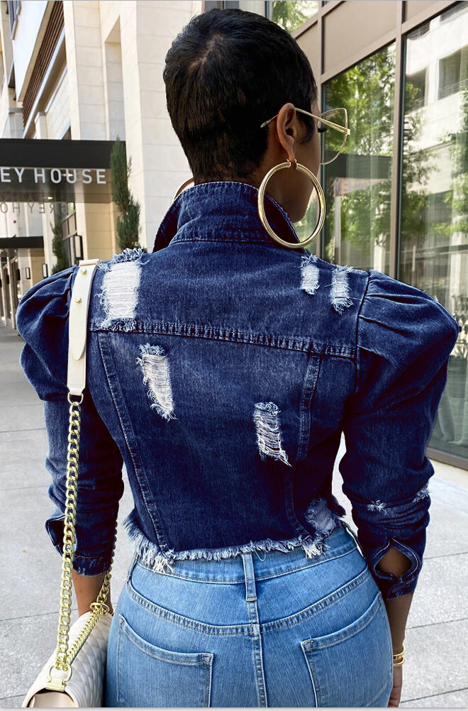 European and American-Style Slim-Fit Puff-Sleeve Denim Jacket