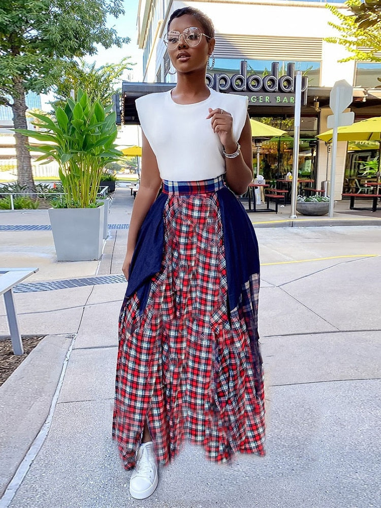 Plaid Checkered Tie Dye Patchwork Pleated Skirt Women Vintage High Waist Ruched Maxi Skirt Summer Female Floor Length Skirts